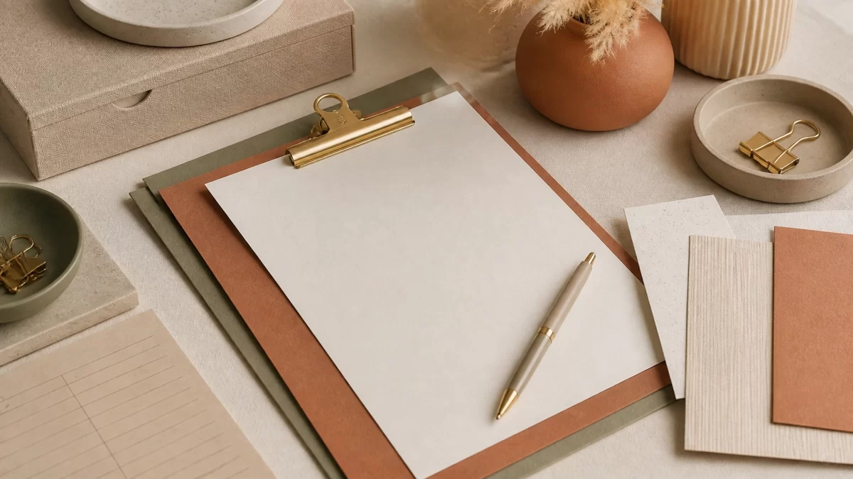 Boho chic contract and finance still life with clipped folders, textured papers, and pen in terracotta, sage, and cream