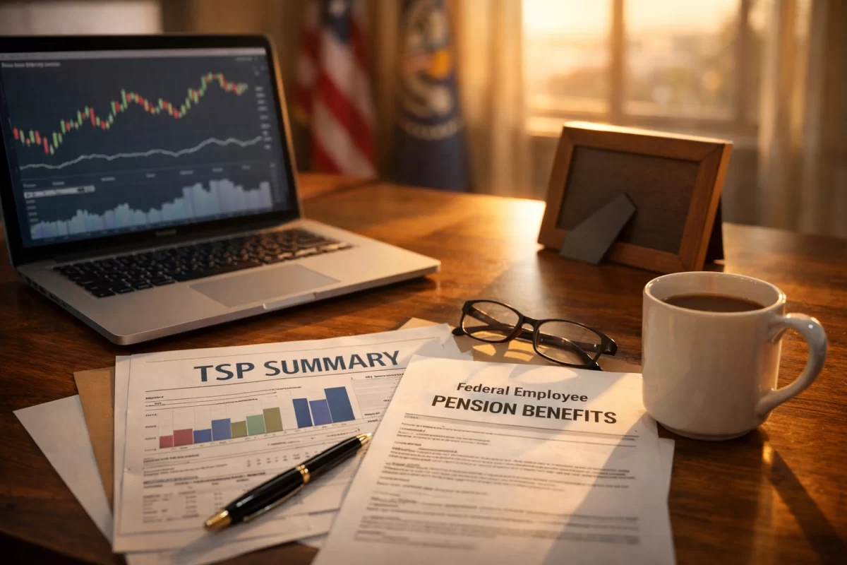 Federal employee desk with TSP pension documents and family photo during Virginia divorce