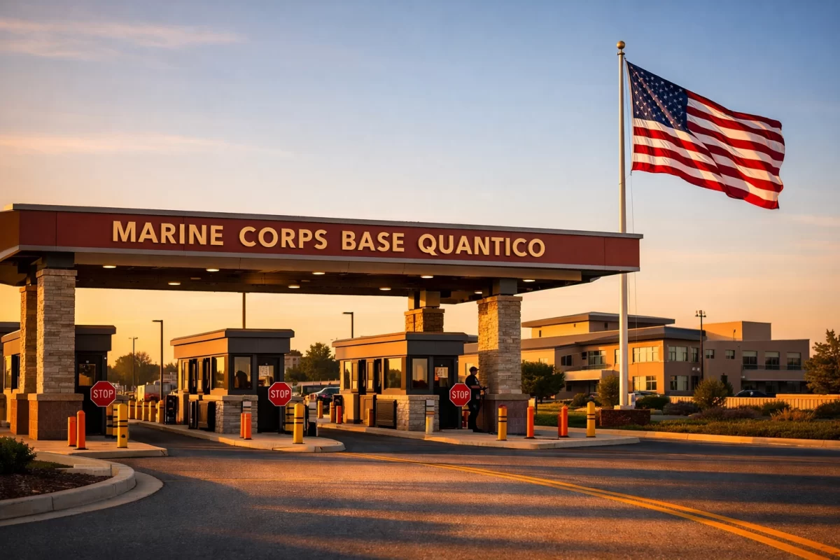 Marine Corps Base Quantico entrance gate with American flag in Virginia
