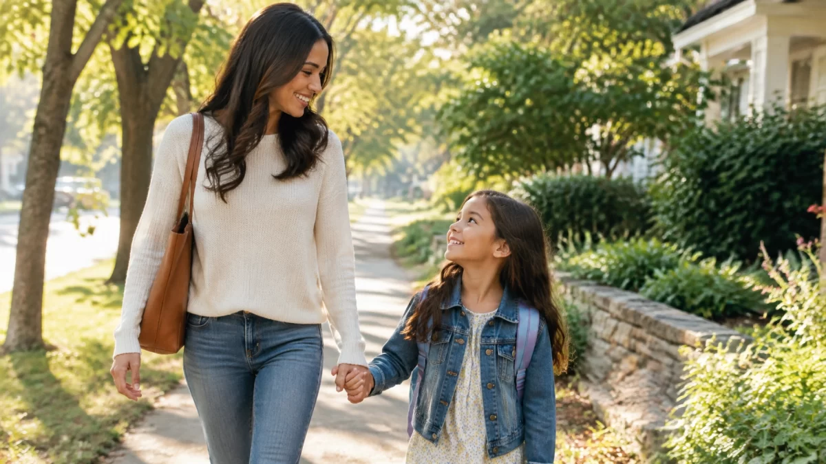 Parent and child walking together on a sunlit path