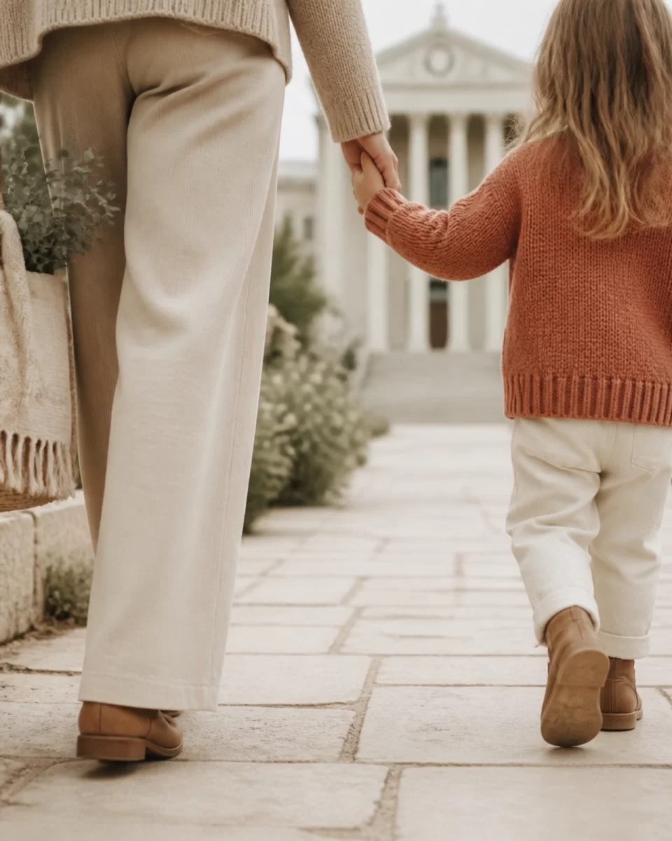 An artistic representation of a parent and child holding hands, shown only from the waist down. The child is wearing a small terracotta-colored sweater. They are walking on a light-colored stone path toward a building that suggests a courthouse in the distance.