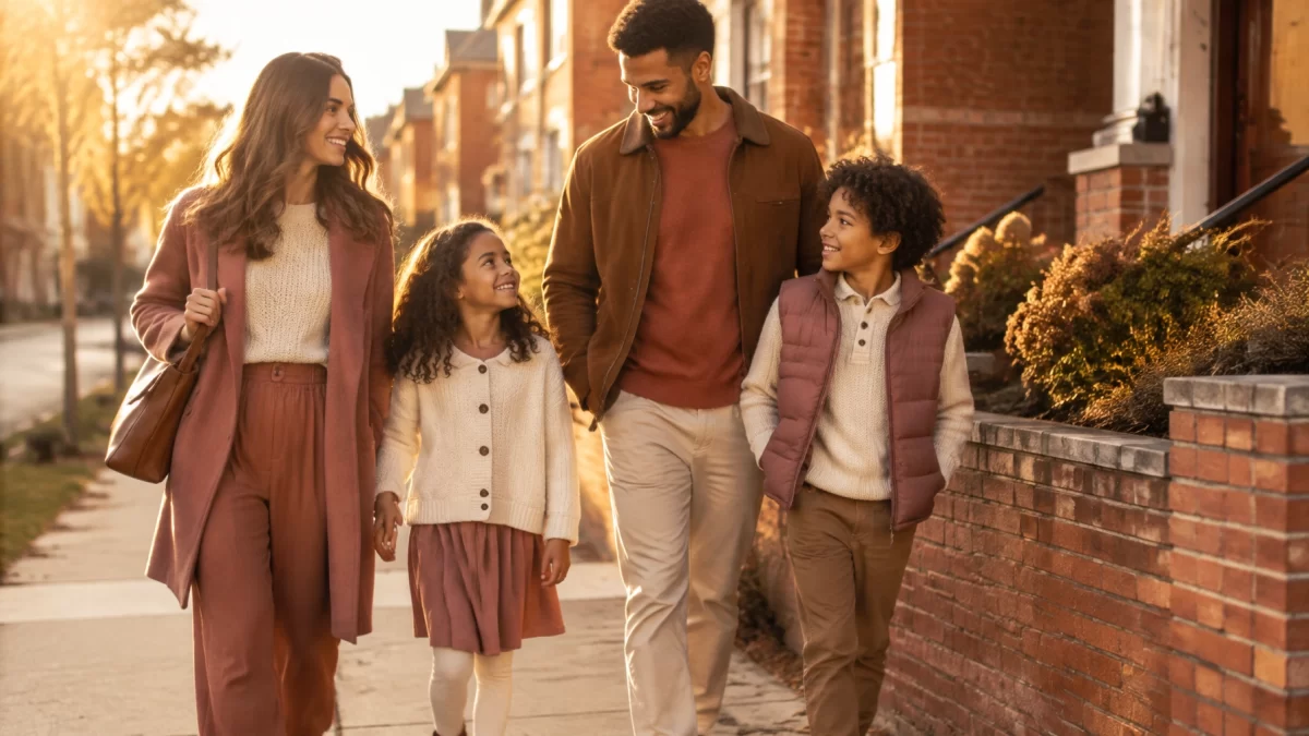A blended family walking together along a quiet residential sidewalk at golden hour.