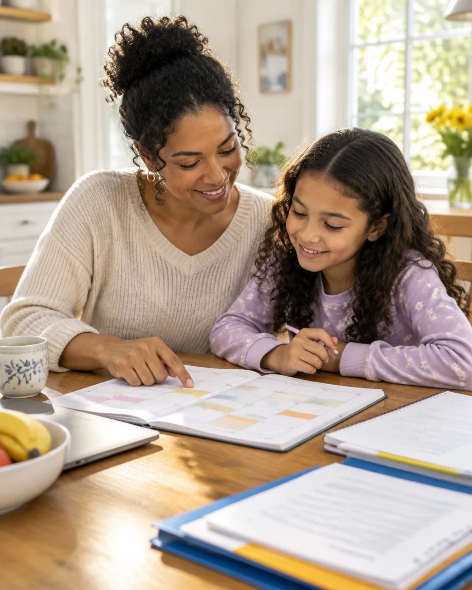Parent and child reviewing a weekly calendar at a kitchen table