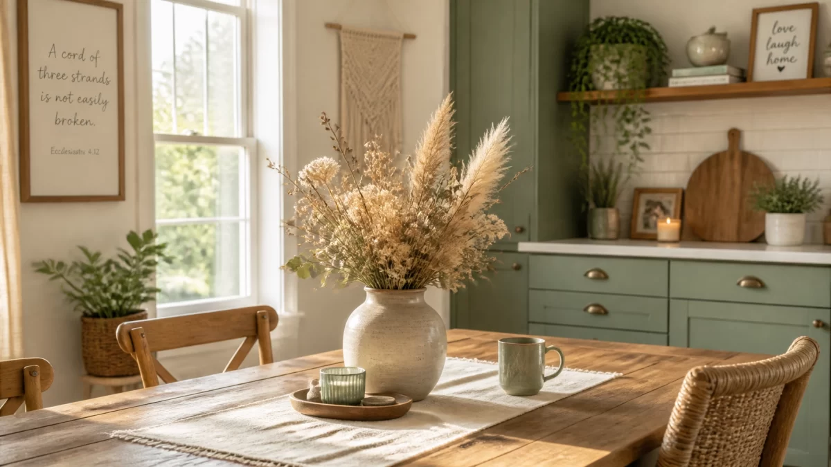A serene home interior showing a sunlit wooden kitchen table with a vase of dried flowers, representing the stability of a marital home, soft cream and sage green palette, boho chic style.