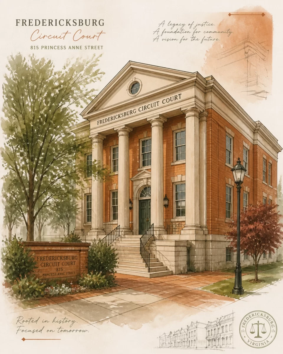 A stylized, painterly architectural sketch of the Fredericksburg Circuit Court building at 815 Princess Anne Street, soft earthy tones including terracotta and sage, professional yet warm and visionary aesthetic.