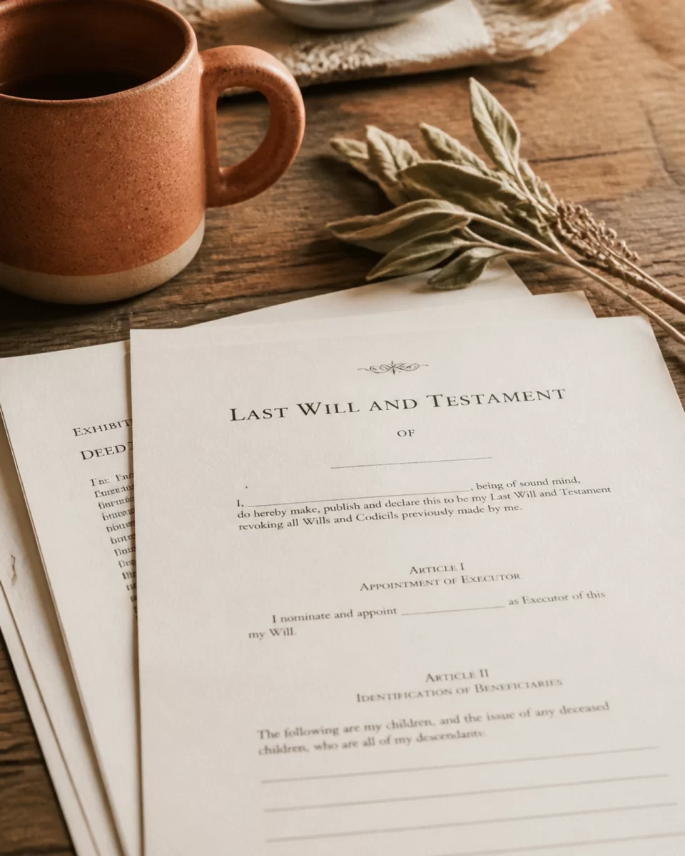 Legal documents on a wooden table with a terracotta ceramic mug and a sprig of dried sage in a peaceful setting.