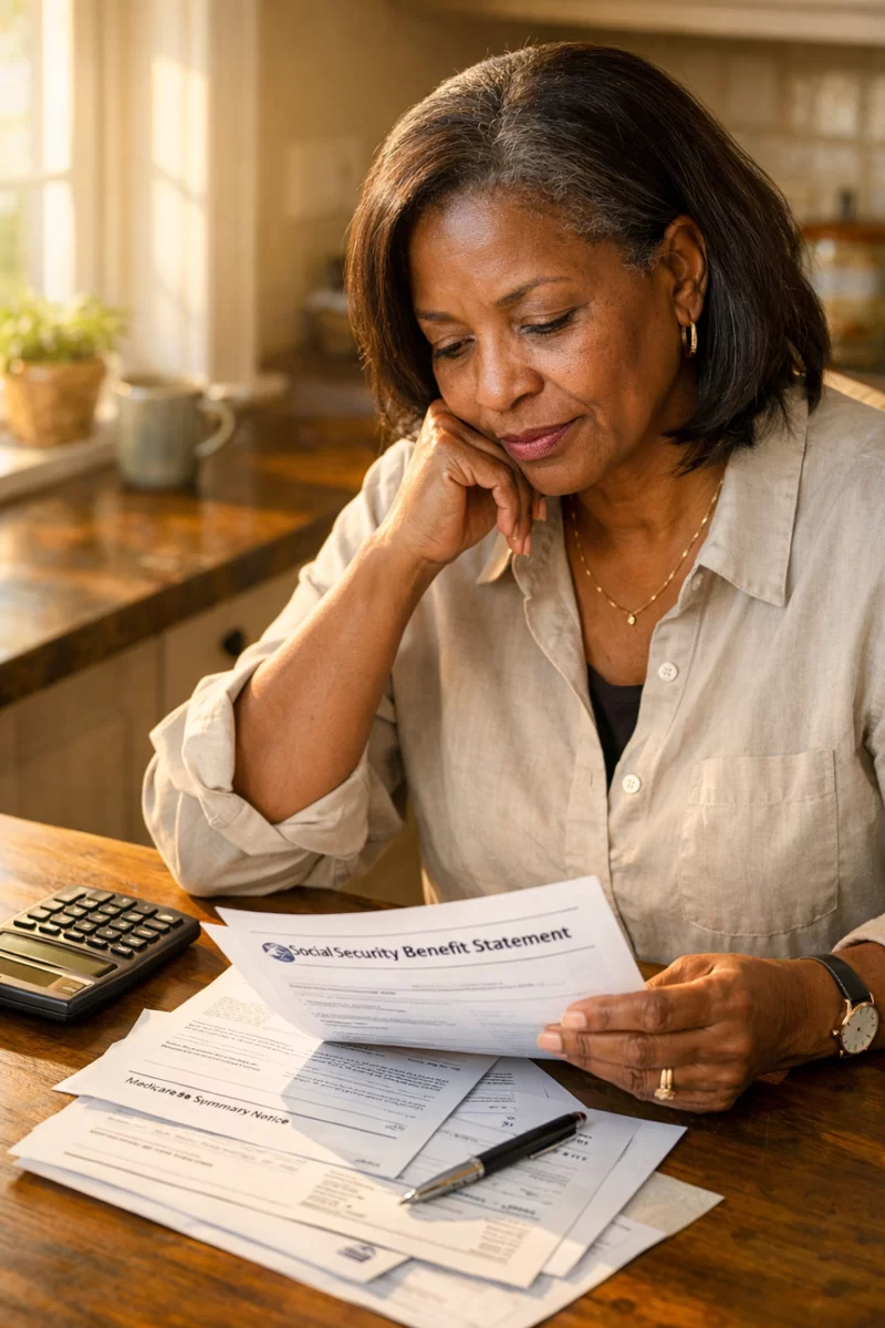 Woman reviewing federal pension benefit statements during divorce planning process
