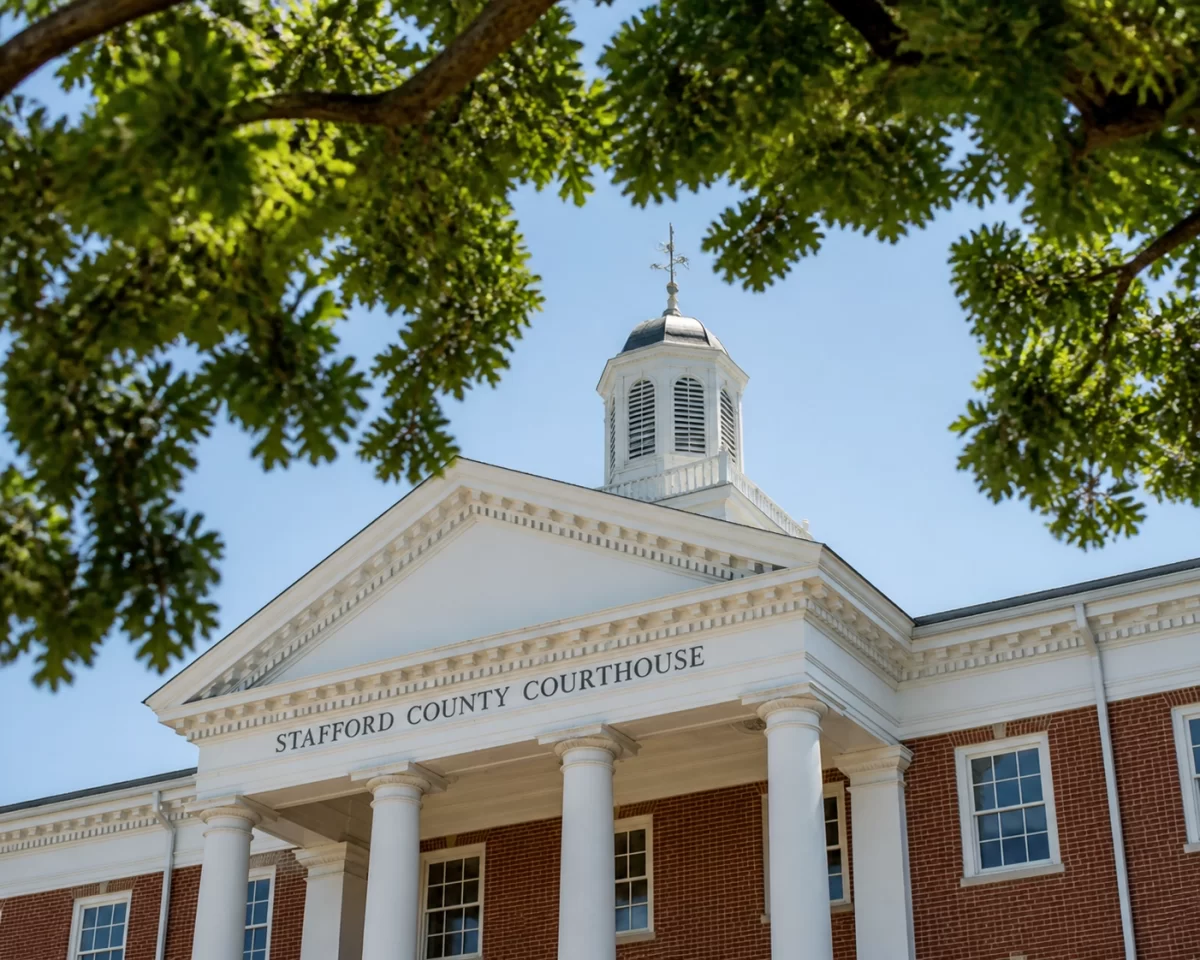 Exterior of the Stafford County Circuit Court building used for family law and divorce hearings.
