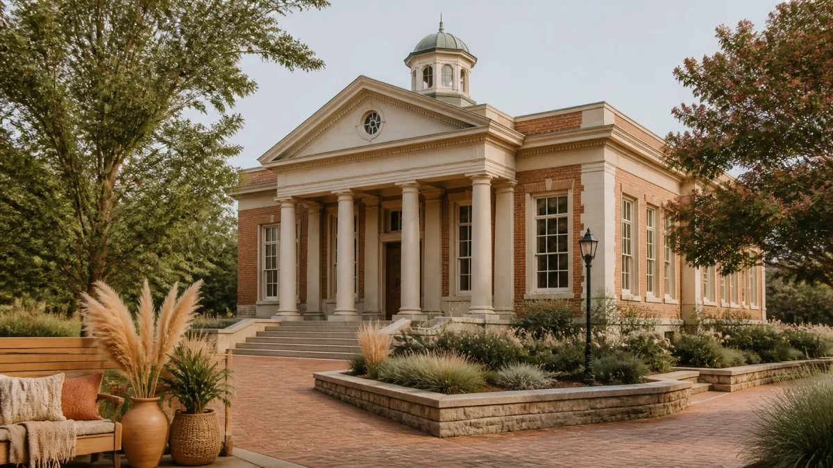 A low-rise civic courthouse exterior with warm natural tones and a professional local feel.