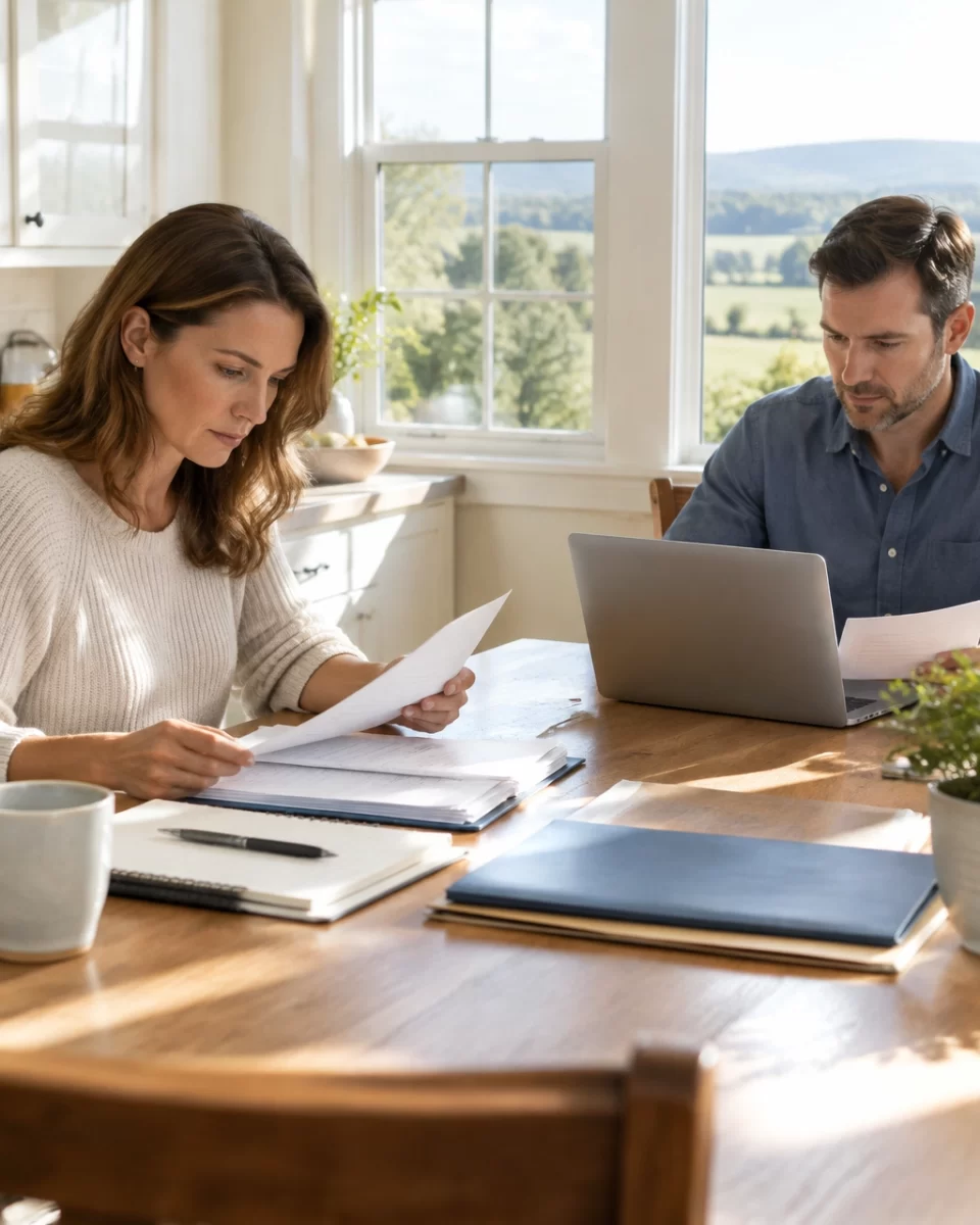 Two adults calmly organize household financial papers at a kitchen table