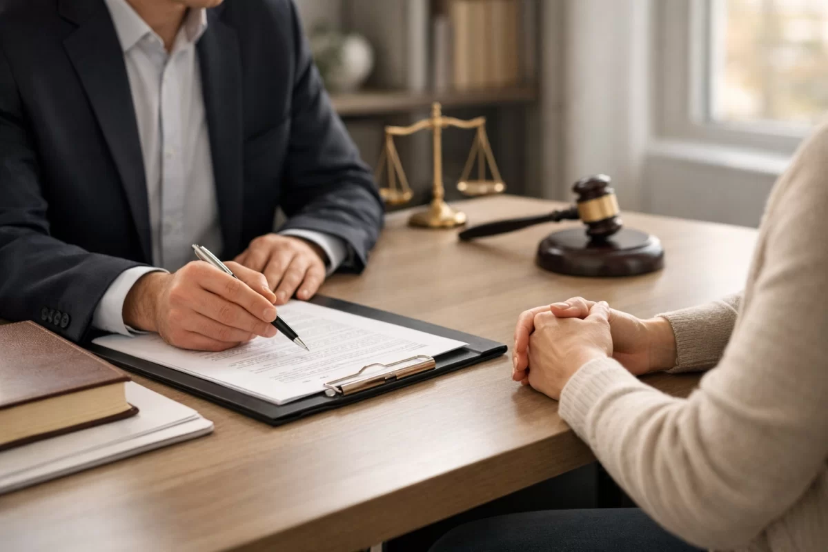 Professional legal consultation reviewing support paperwork