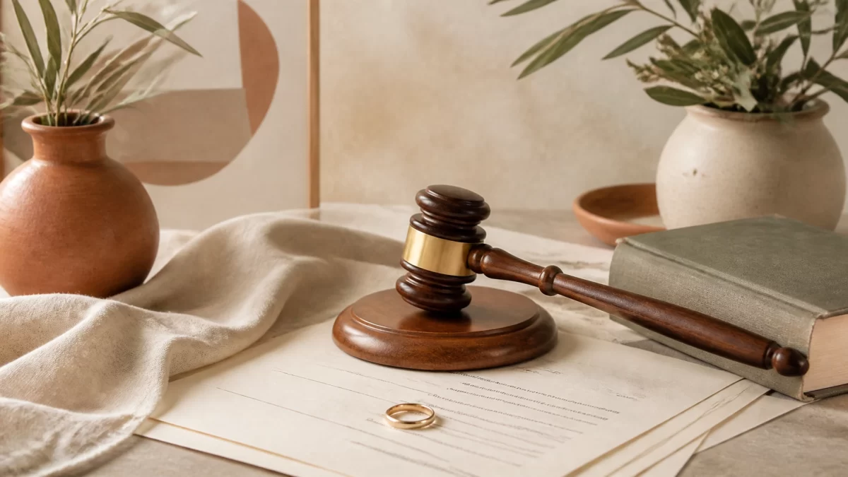 Boho Chic still life of a wooden gavel, cream legal papers, a muted law book, and a simple wedding band in terracotta and sage tones.