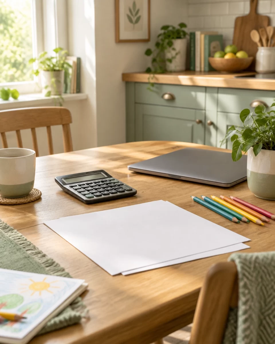 A calm kitchen table with a calculator, papers, colored pencils, and a small plant