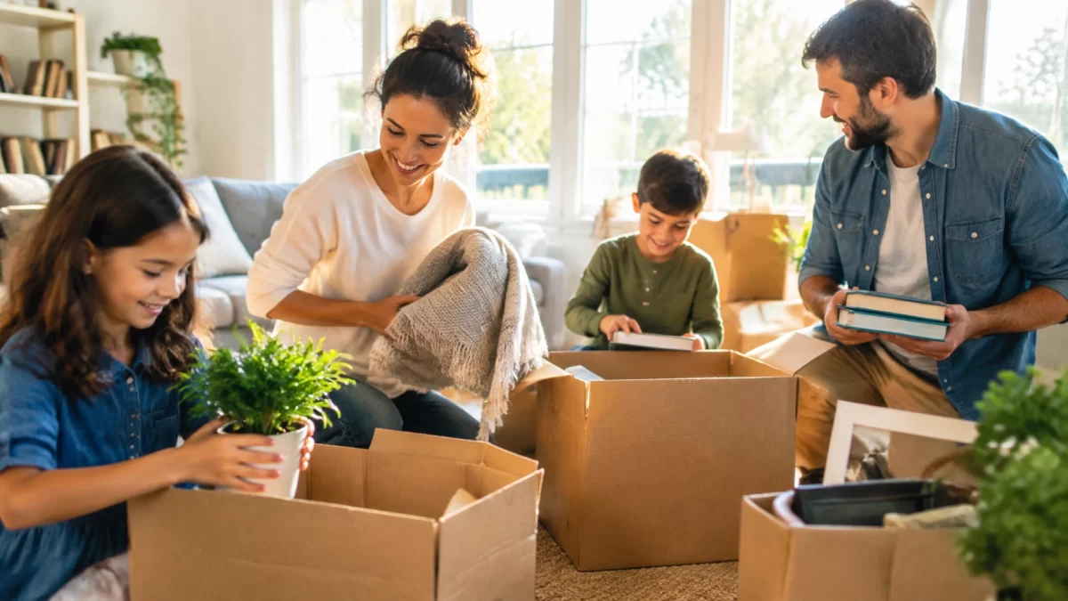 Family organizing belongings together in a bright welcoming home
