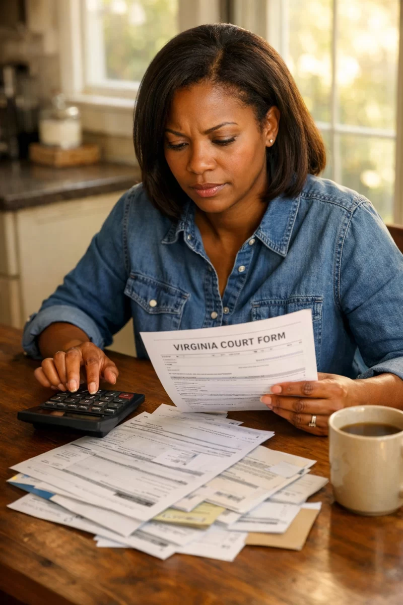 Parent reviewing financial documents for Virginia child support modification case preparation