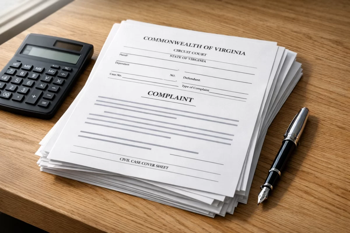 Legal forms and a calculator on a desk for a child support modification in Virginia court proceedings.