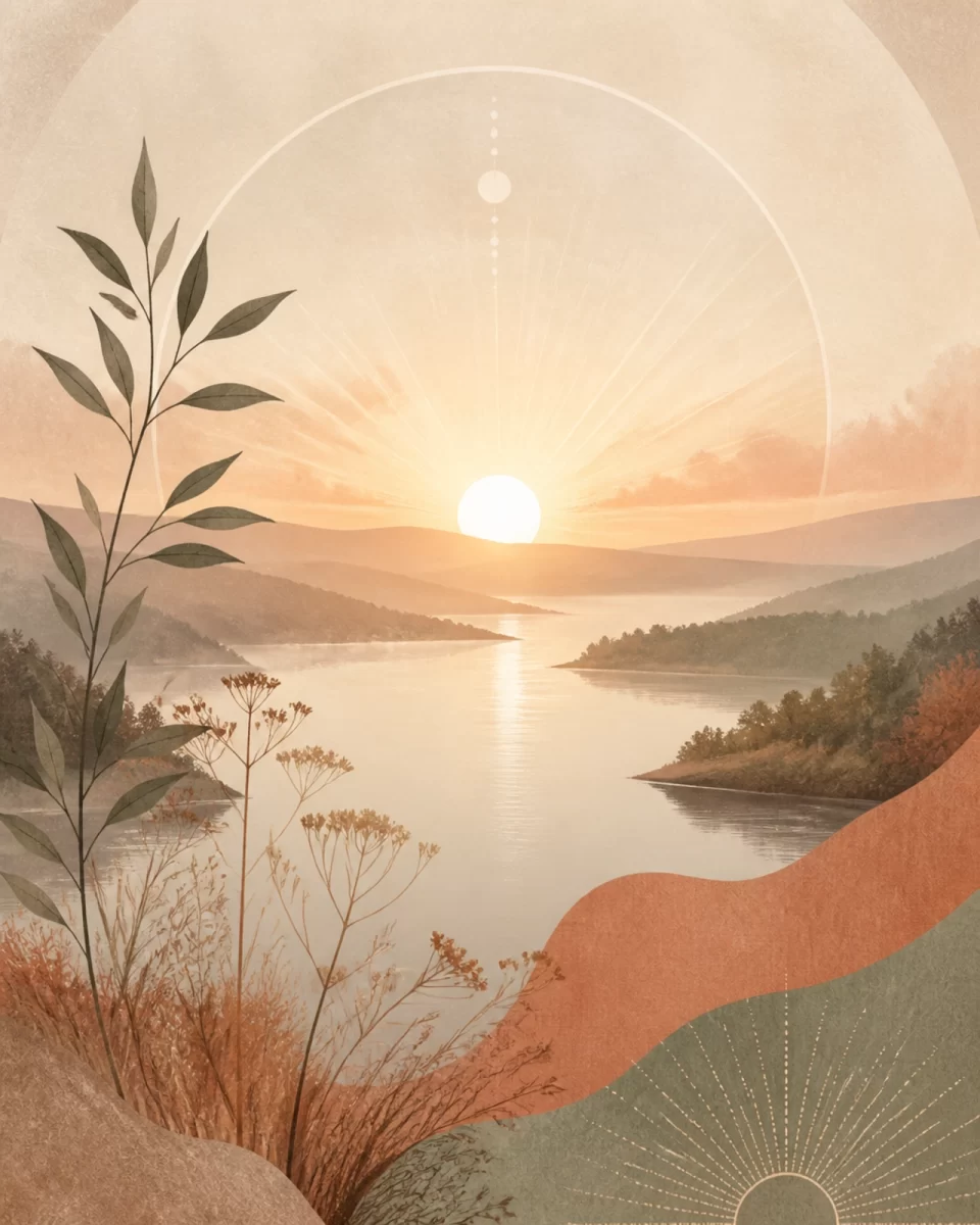 An inspirational abstract sunrise in terracotta and sage tones, symbolizing a new beginning and peaceful transition.