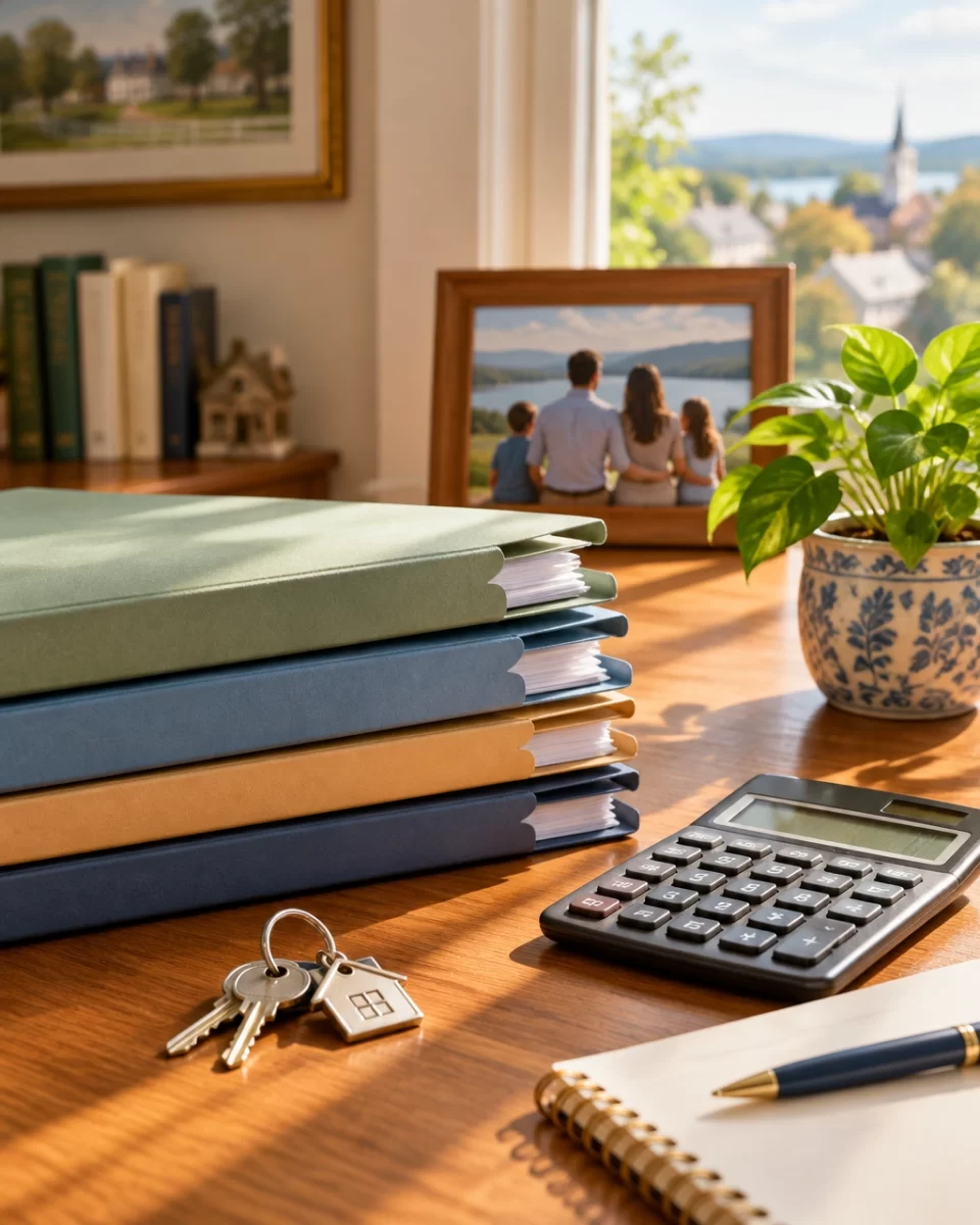 Organized household finance folders, house keys, and a small plant on a sunlit desk, representing careful financial preparation