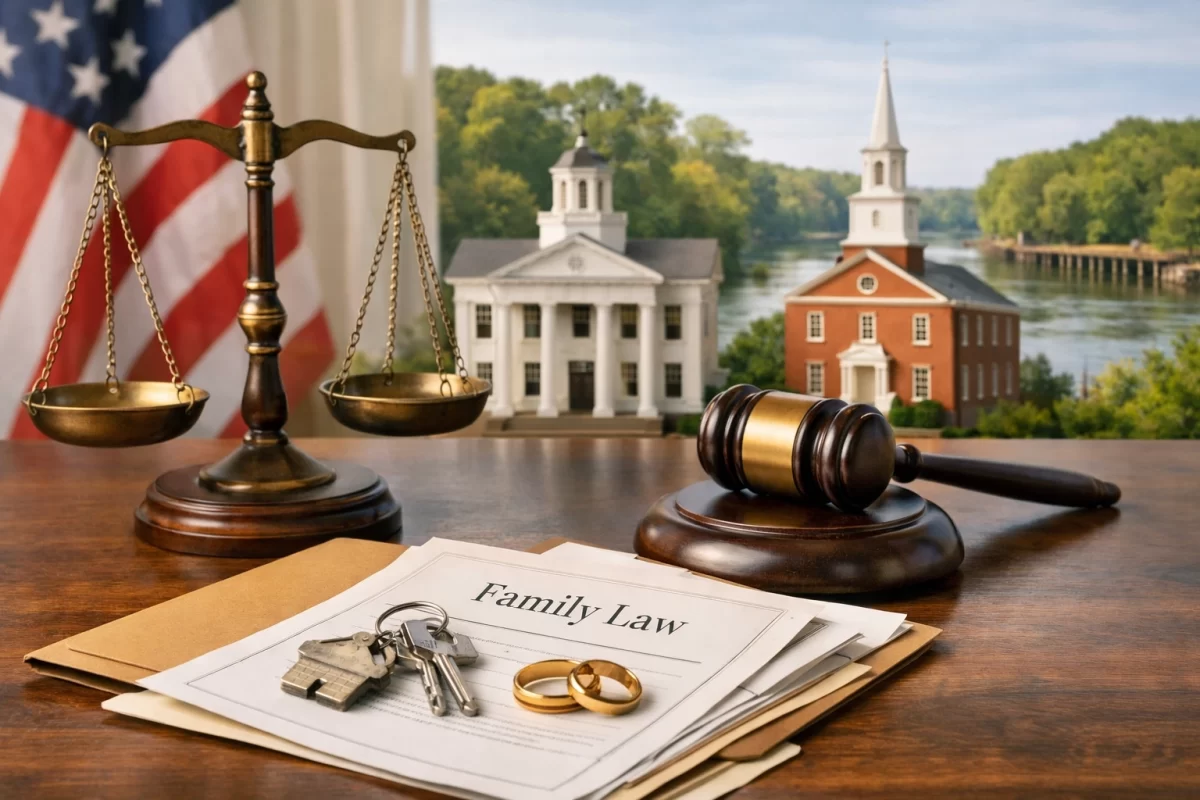 A gavel, scales of justice, a U.S. flag, and a Family Law folder with keys and wedding rings, with images of local Port Royal buildings