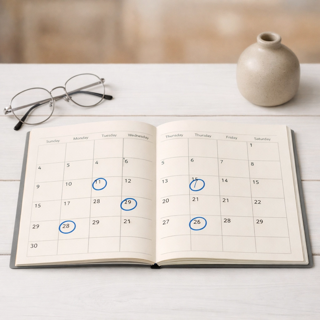 A calendar with marked dates for parenting time used in a child support modification Virginia case.