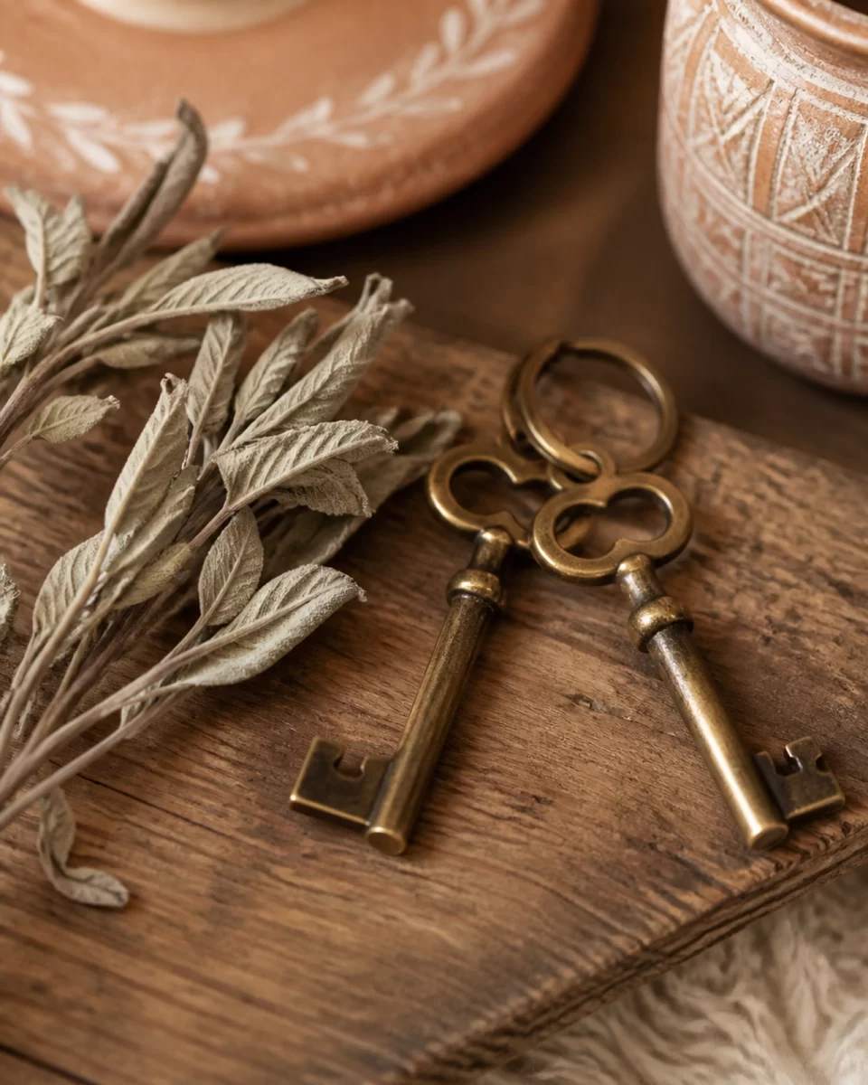 Vintage brass keys on a rustic table with sage accents, representing property division and new beginnings.