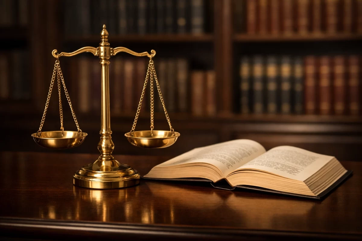 Scales of justice and law books symbolizing the balanced advocacy of Guardians ad Litem in Spotsylvania and Orange.