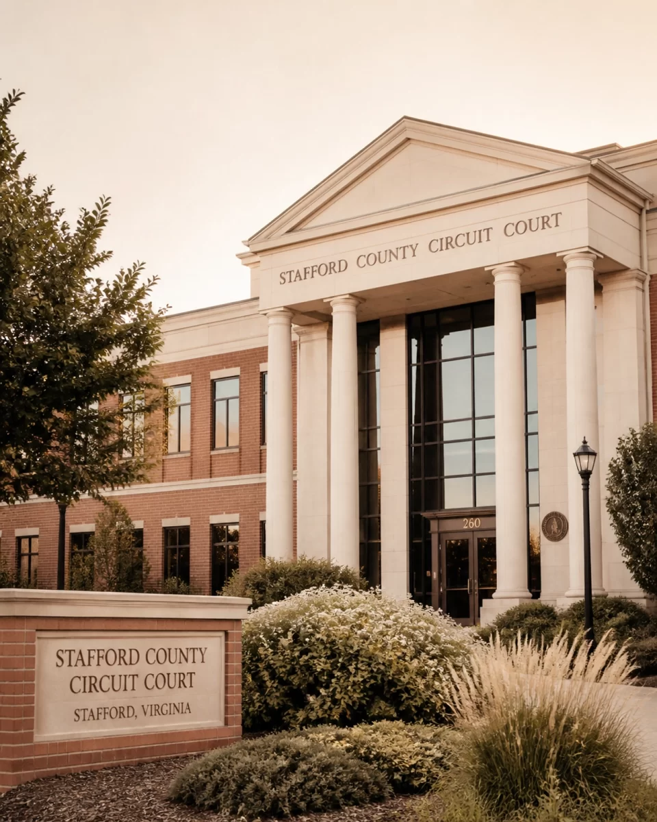 A professional view of the Stafford County Circuit Court exterior under a soft cream sky with warm boho chic tones.