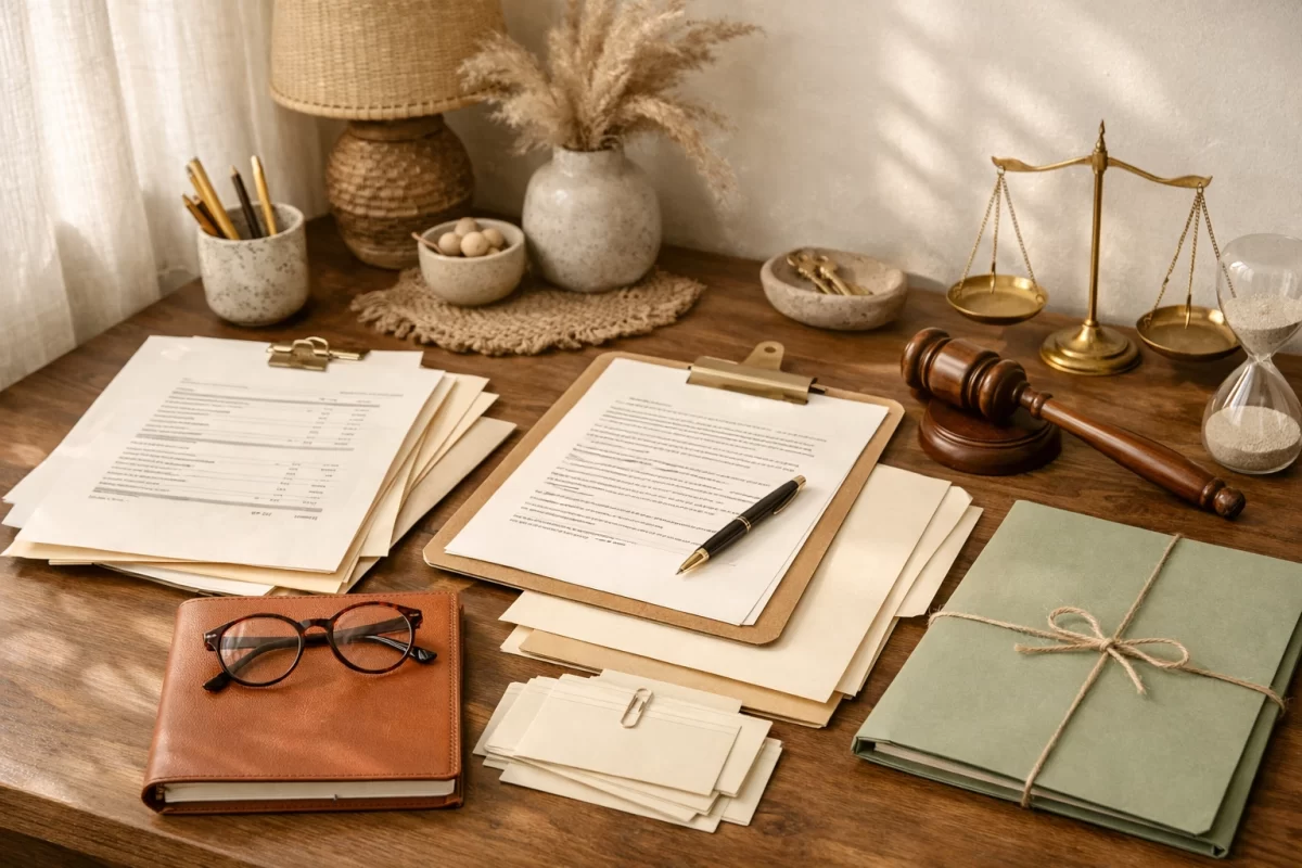 Organized legal and financial papers with reading glasses, a terracotta notebook, and a sage folder on a softly lit desk.