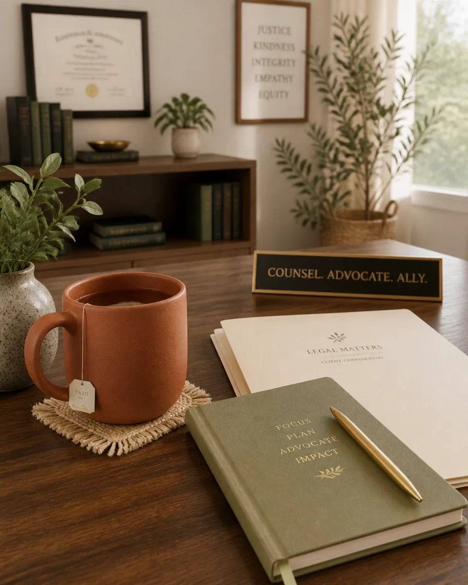 A warm, inviting law office desk with a ceramic terracotta mug of tea, a sage green notebook, and a cream-colored legal folder, soft natural lighting, peaceful and professional boho chic style.