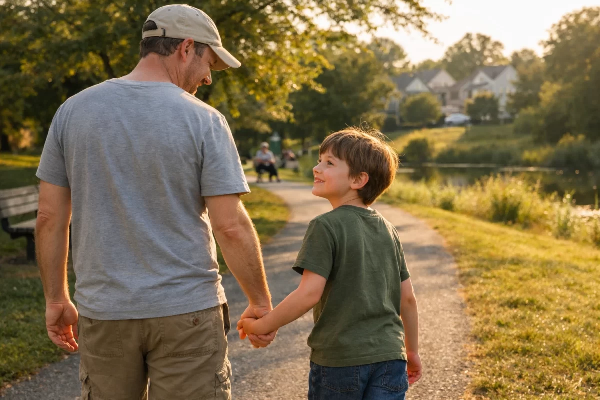 Parent and child walking together in a Virginia park, documentary-style