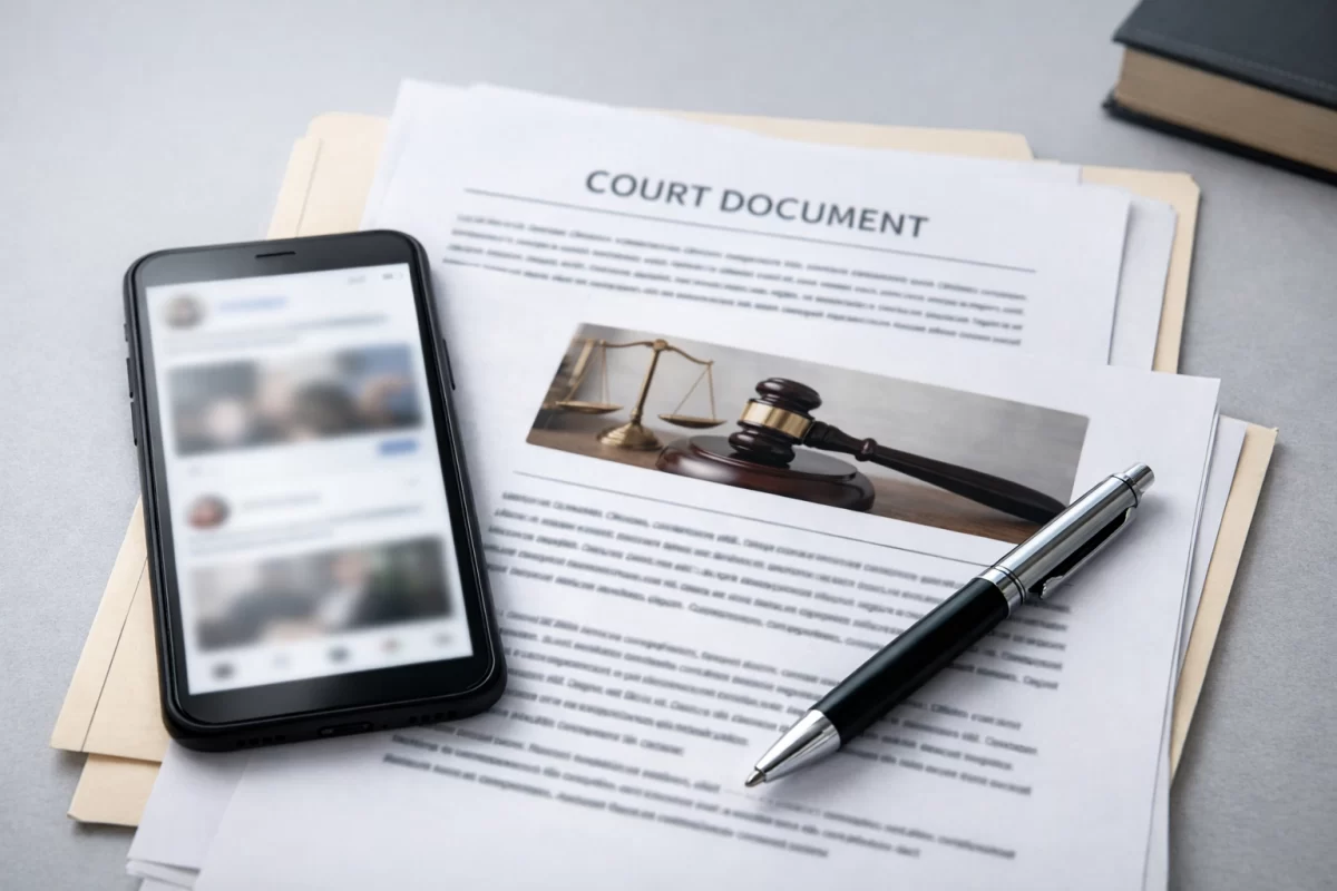 Smartphone with blurred social media feed beside court documents and a pen on a clean desk