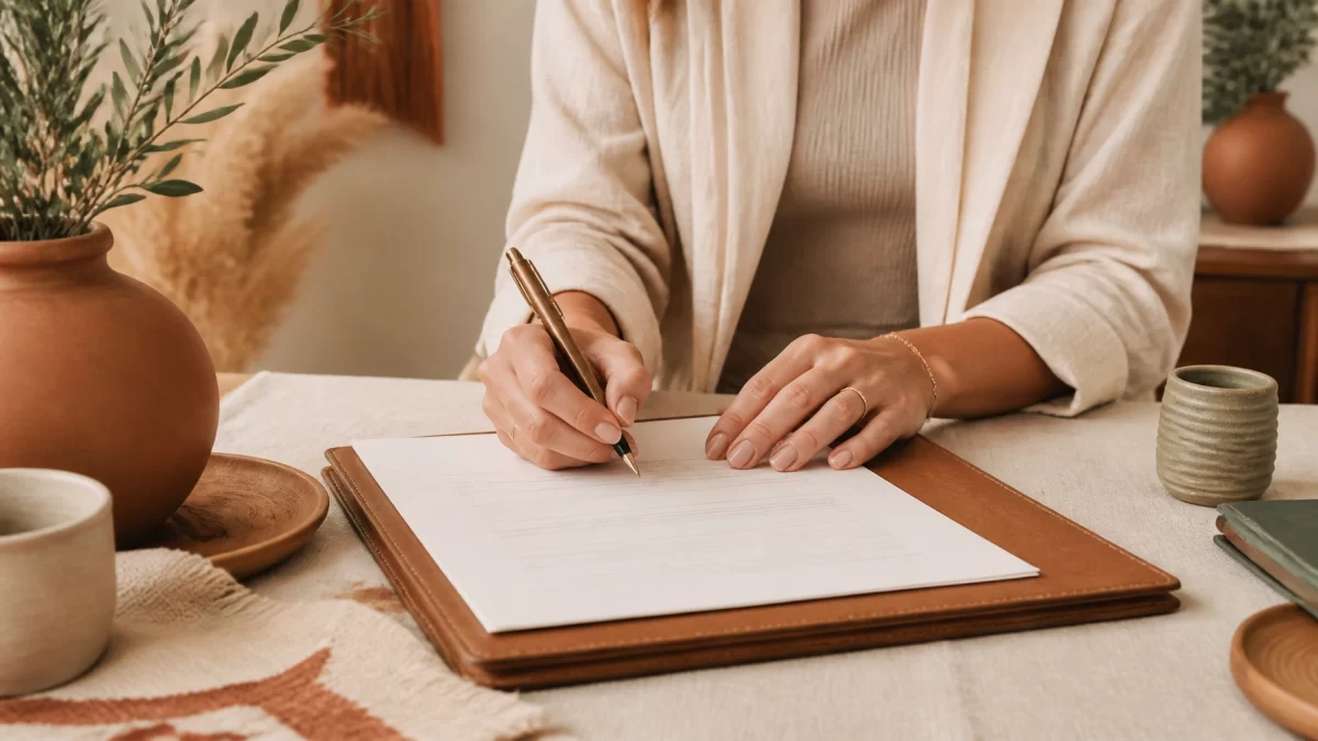 Close-up of hands signing a legal document on a clean desk with warm natural tones and organic textures.